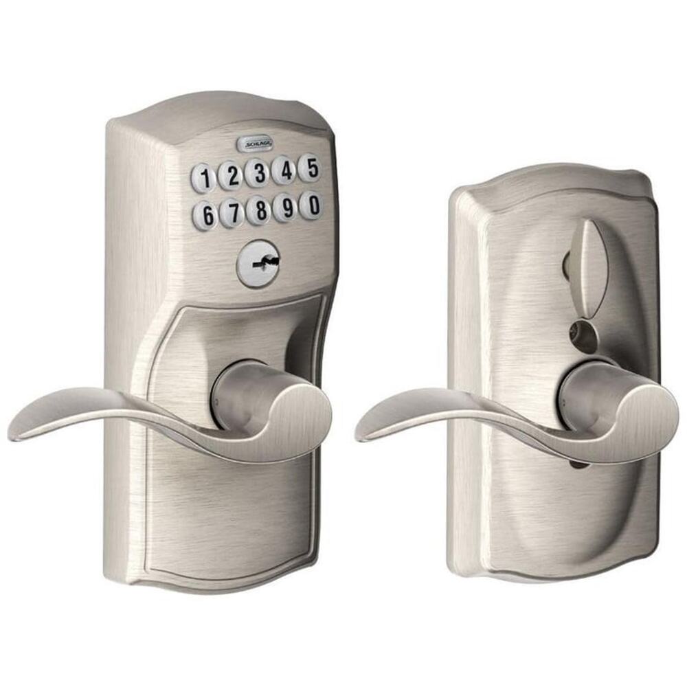 Schlage Camelot Keypad Lock with Lever Handle Satin Nickel FE595 CAM 619 ACC